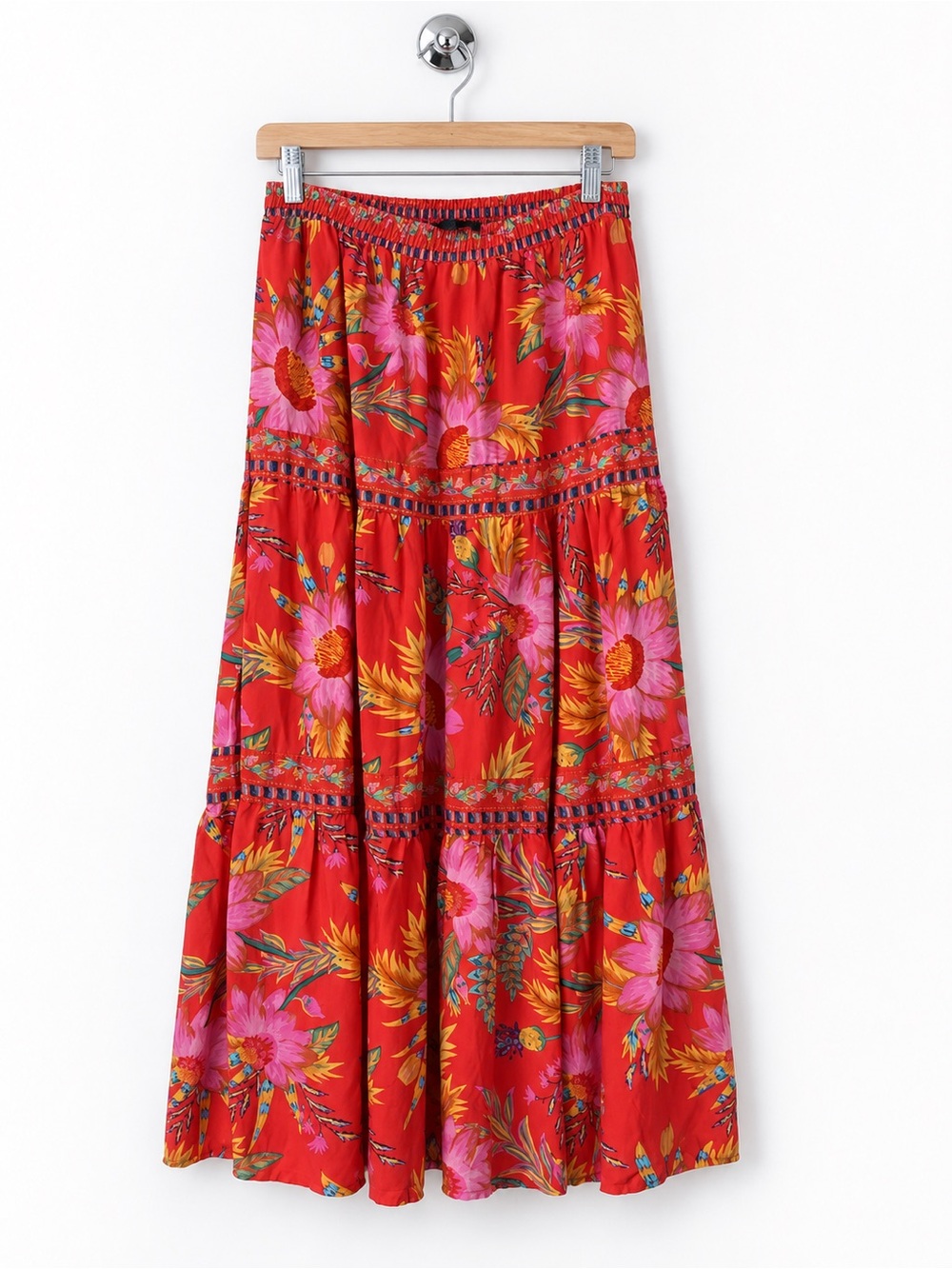 Rachel Zoe Red Floral Tiered Midi Skirt